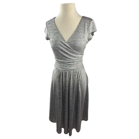 Maeve x Anthropologie Tamera Metallic Silver Shimmer Jersey Dress Faux Wrap XS - Picture 13 of 15